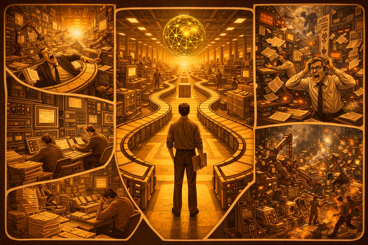 Manufacturing data infrastructure visualization — workers navigating interconnected industrial systems